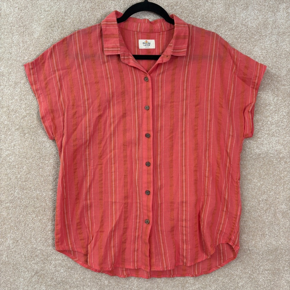 MARINE LAYER Button Down Shirt Womens Medium Stripe Short Sleeve 100% Cotton